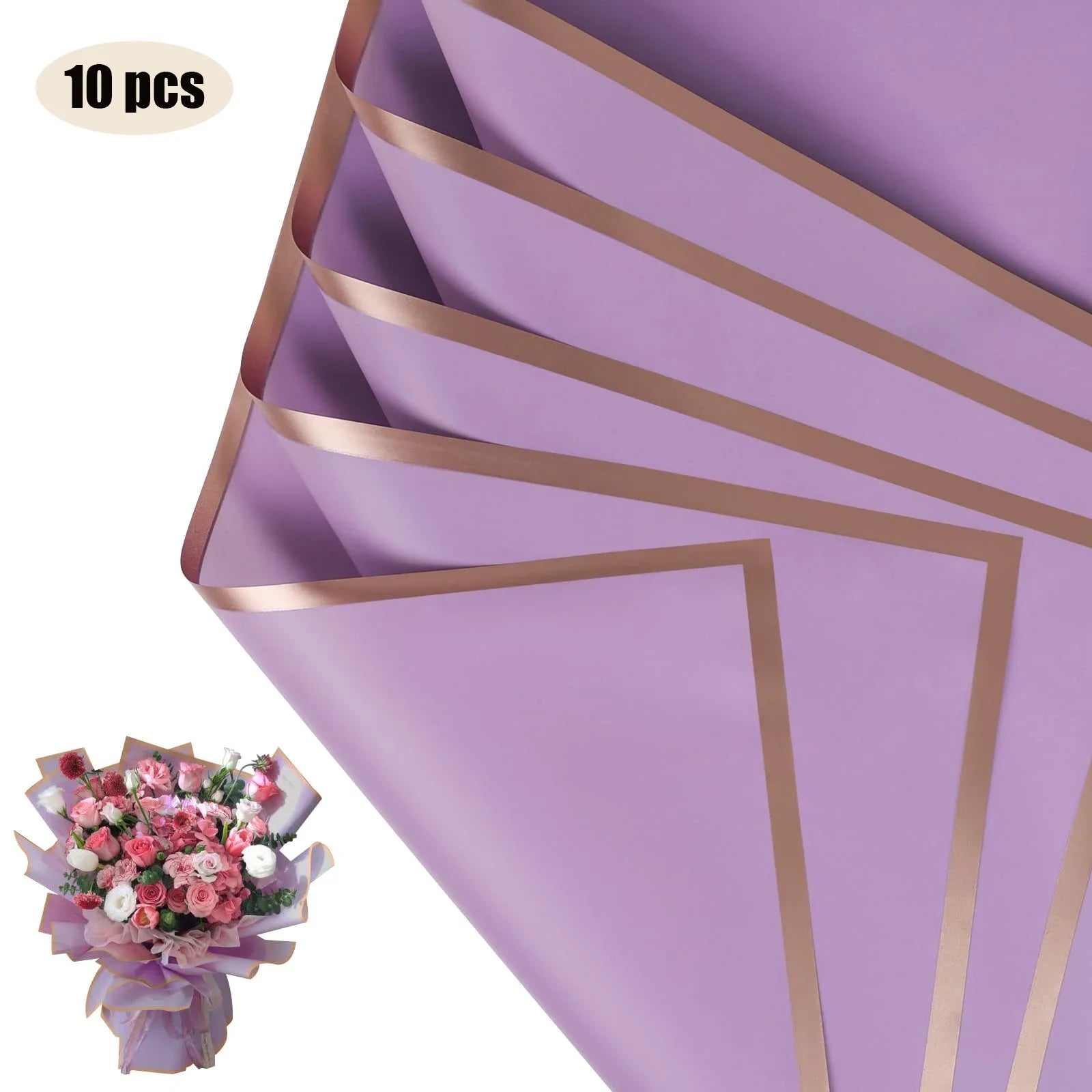 10 Sheets Flower Wrapping Paper with Golden Edges, Waterproof.
