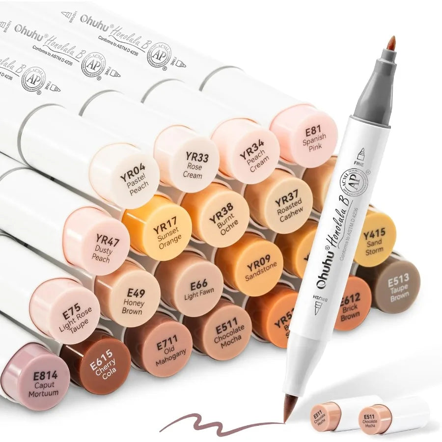 24 Skin-Tone Colors Alcohol Markers for Sketch Art and Coloring
