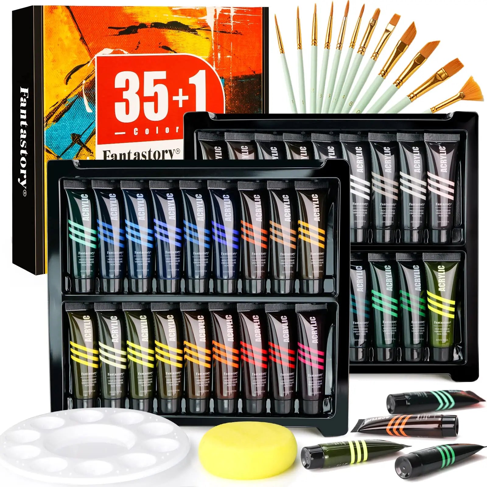 Fantastory Acrylic Paint Set 35+1 Colors (36x22ml), Craft Paint Kit, Paint Supplies for Adults , Non-Toxic Paints Sets