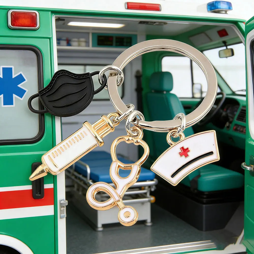1Pc Nurse Theme Keyring Charm,Stethoscope Medical Mask Syringe Bag Purse