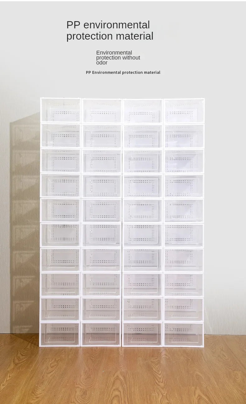 Foldable Clear Plastic Storage Box with Flip Cover Drawer Thick Space Saving Organizer Rack for Shoes Closet Cabinet Bedroom