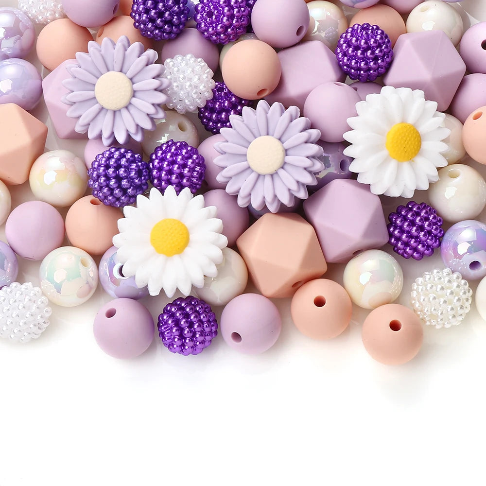 70Pcs Daisy Silicone Bead Set Multi-Shape for Pens Lanyard Keychain Bracelet Making