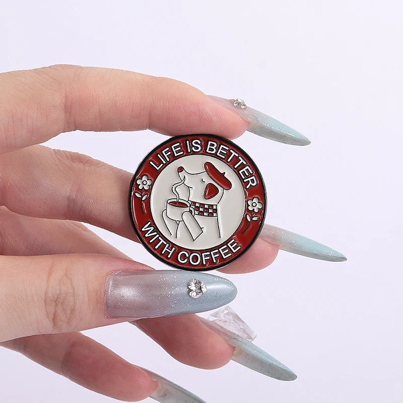 Coffee Brings Happiness Enamel Pin Kittens Puppies And Coffee Beans Brooch Lapel Metallic Pins Badge Jewelry Accessory