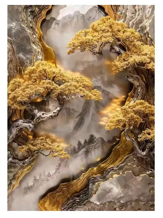 5D Diamond Painting Abstract Golden Tree Sailing Moon Decor Cross Stitch Kits