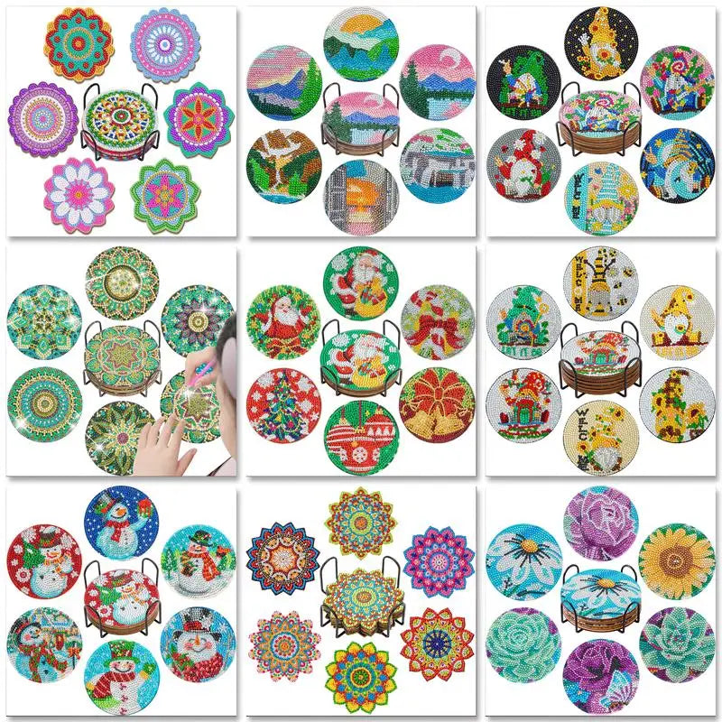 6Pcs DIY Diamond Painting Coasters Mandala Flowers 5D Full Drill Diamond Art Non Slip Coasters with Holder Ideal Christmas Gift