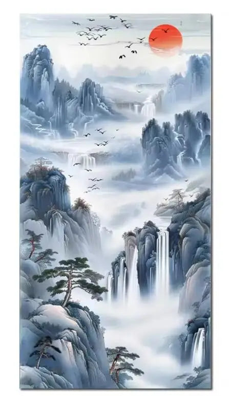New Arrivals 5D Diamond Painting Art Golden Waterfall Tree Moon Landscape Picture Full Diamond Mosaic Embroidery Rhinestone