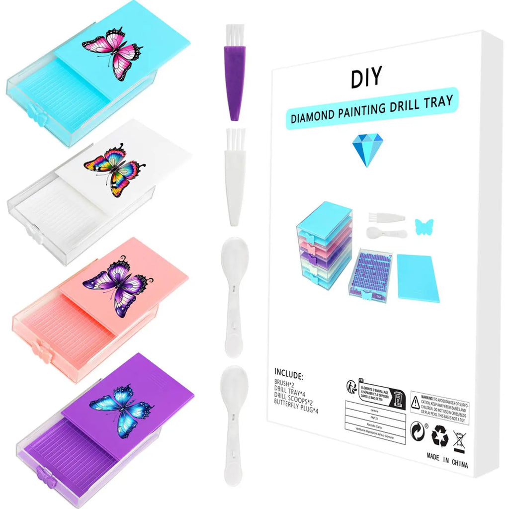 4pc Diamond Painting Tool Tray with Lids,Brush and Spoon 5D DIY Drills Plate