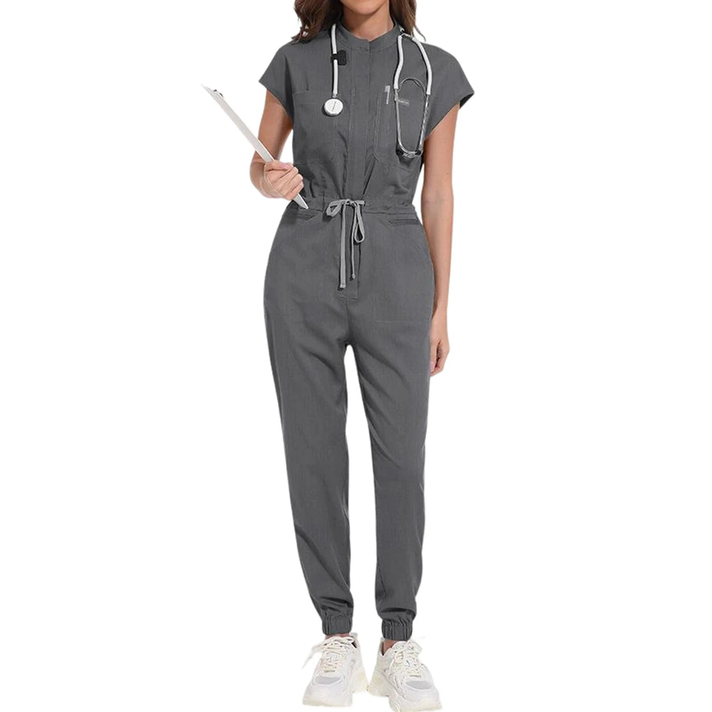 Women's Nurse Jumpsuit Stand Collar Sleeveless Multi-Color Drawstring