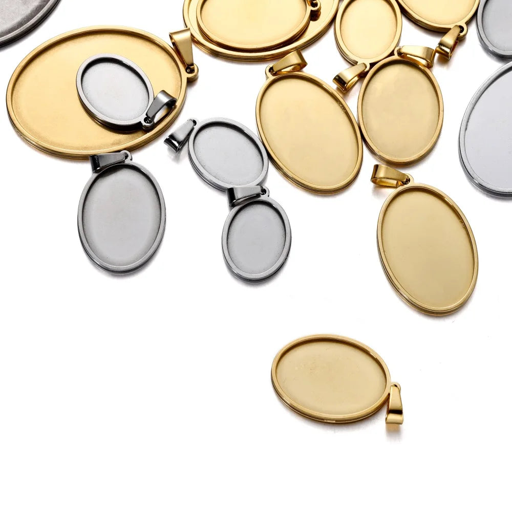5pcs Stainless Steel Oval Pendant Cabochon Base Setting Tray Blank