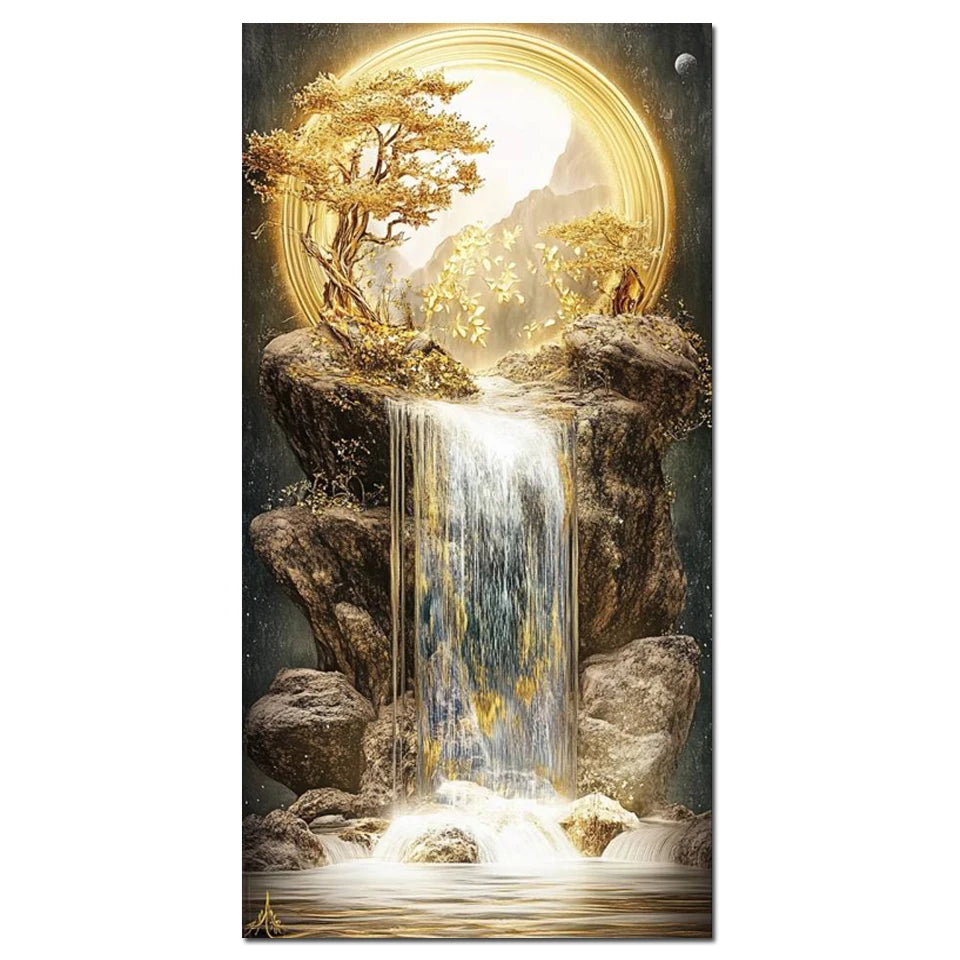 New Arrivals 5D Diamond Painting Art Golden Waterfall Tree Moon Landscape.