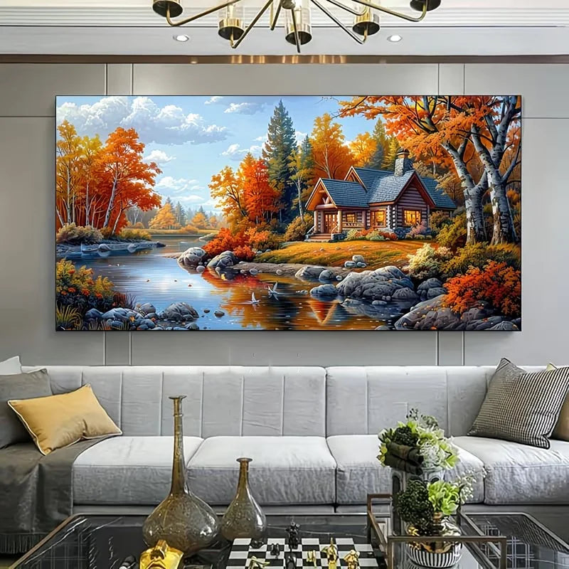 Peaceful Cottage River Landscape DIY Diamond Painting Cross Stitch