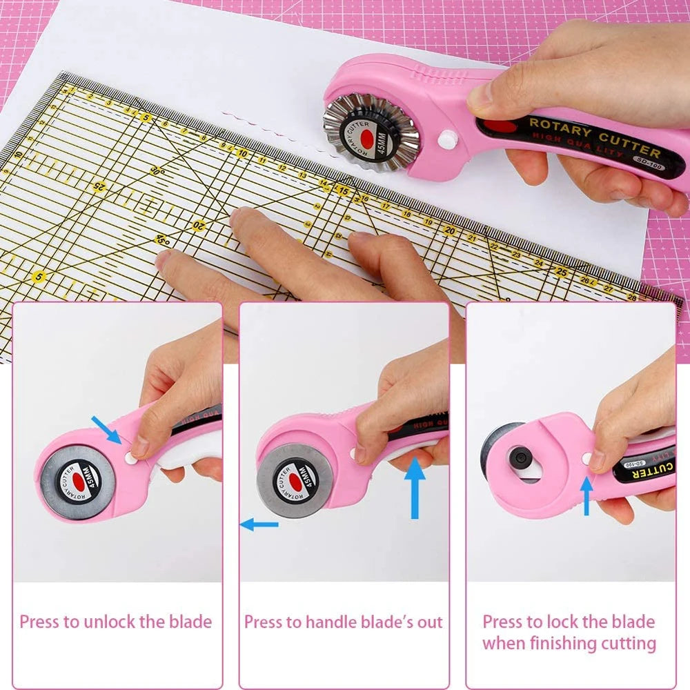 45mm Rotary Cutter with 5pcs Replacement Blades & Sewing Clips & Fabric Marker Pen