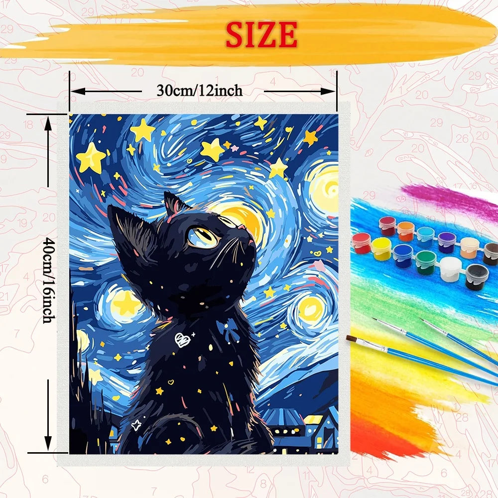 Cat in Van Gogh Starry Night Diy Art Paint By Numbers