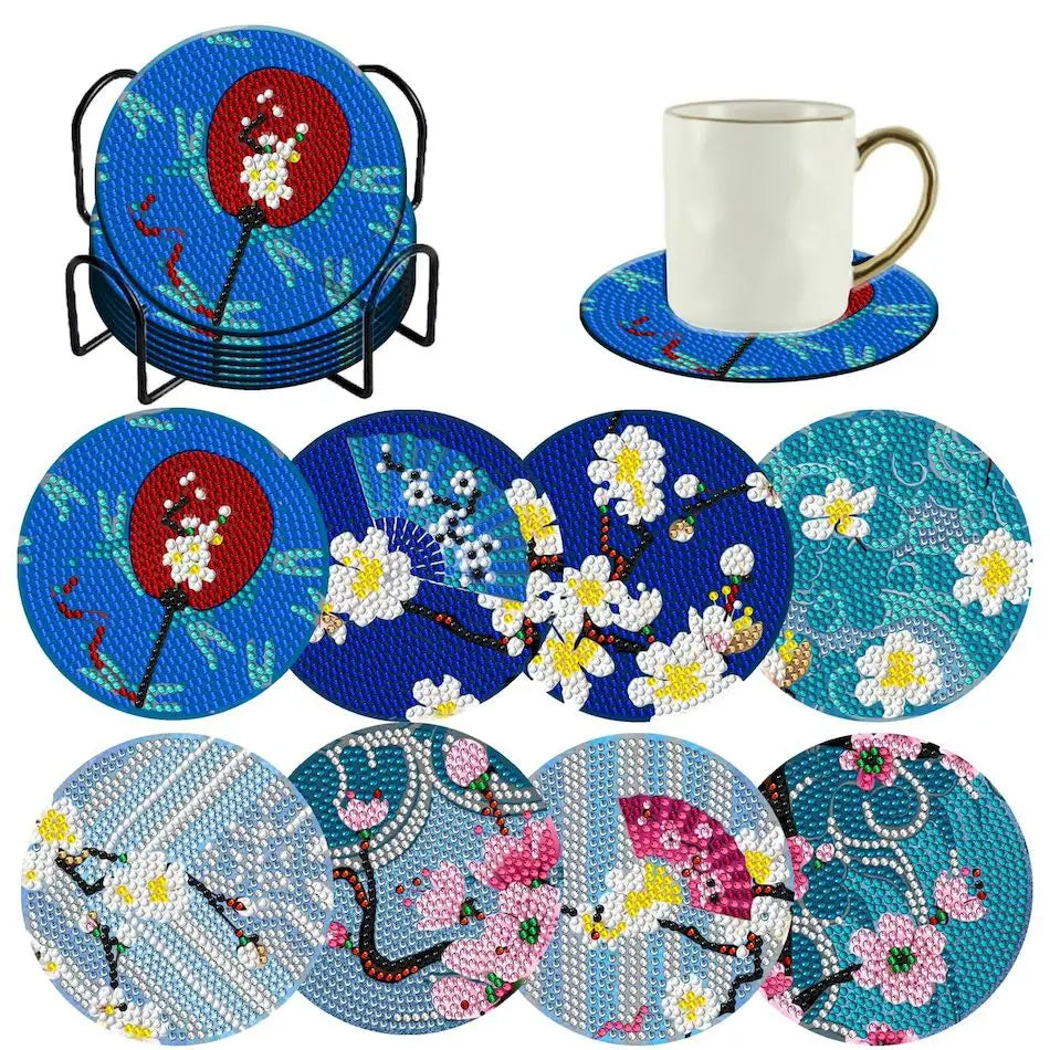 8pcs/Set DIY Diamond Painting Coasters Flowers wood For Drinks Crystal Rhinestones Diamond Art Coasters With Holder