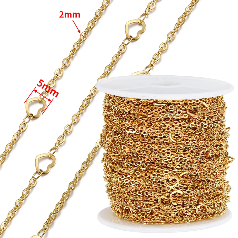 1Meter 4mm 5mm Stainless Steel Gold Color Love Heart Link Chain