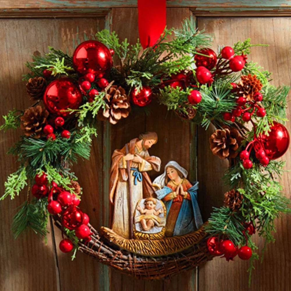 40cm Sacred Christmas Wreath with Lights Hanging Ornaments