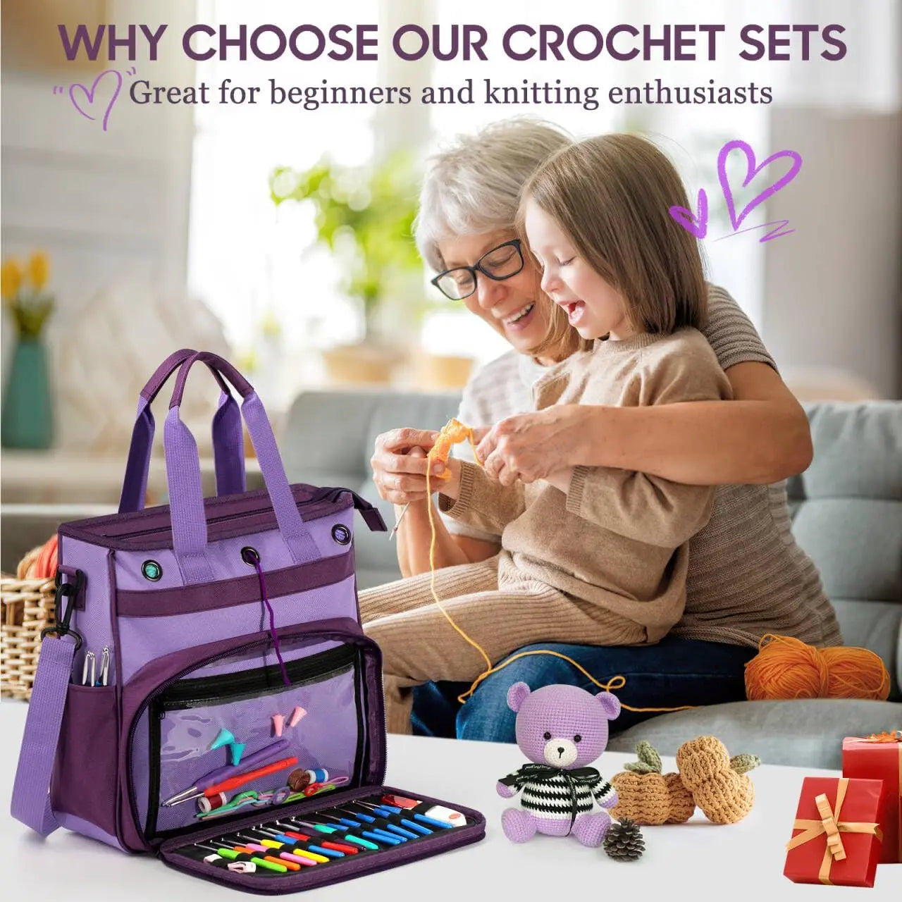 74-Piece Crochet Kit for Beginners with Storage Bag, Yarn, Hooks