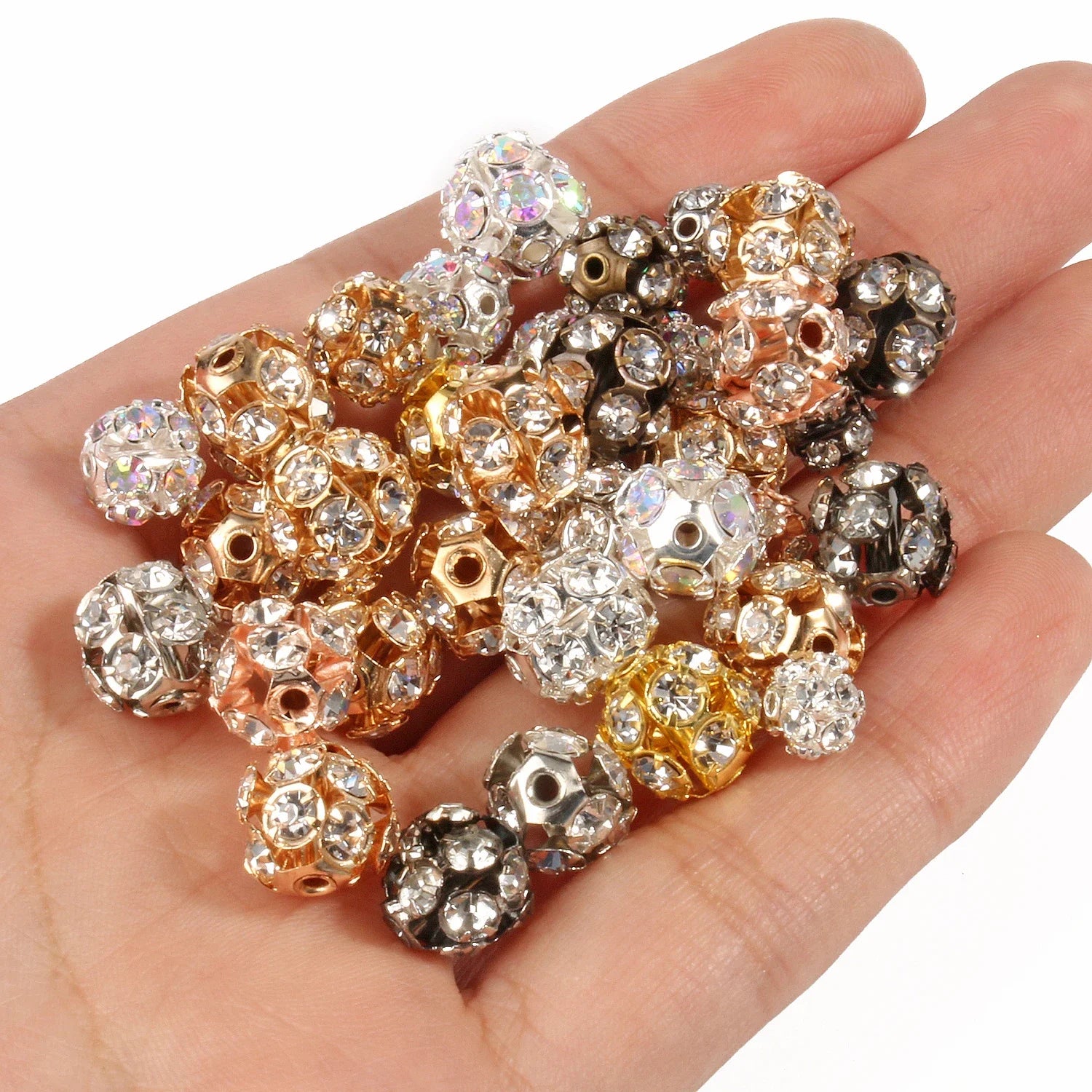 50pc/Lot 6mm 8mm 10mm AB Color  Rhinestone Ball Shape Loose Beads Metal Crystal Beads