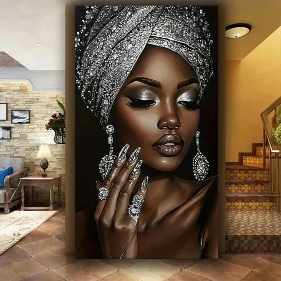 Silver Gemstone African Women DIY Full Round Diamond Painting Kit Diamond Embroidery.