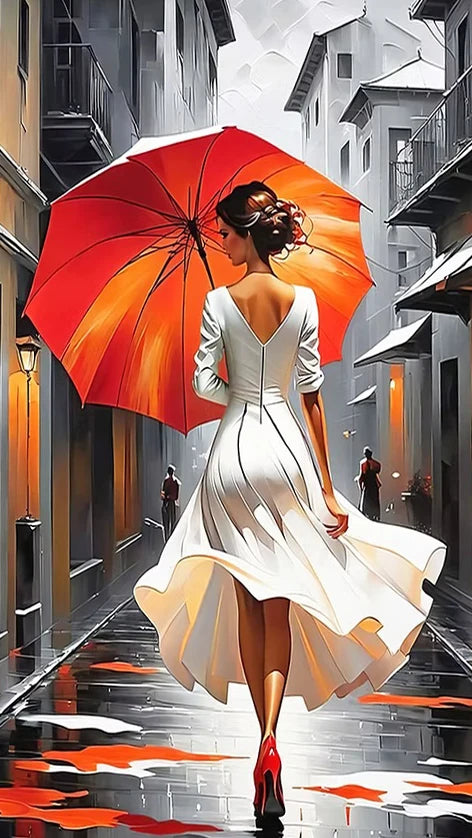 Romantic Rainy Night diamond painting Art Elegant woman Umbrella Street Scene.