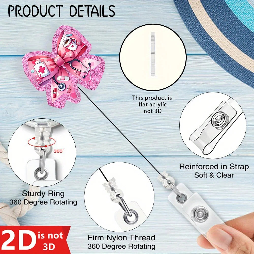 Pink Stethoscope Badge Reel - 2D doctor-themed ID clip for nurses, doctors, and medical staff.
