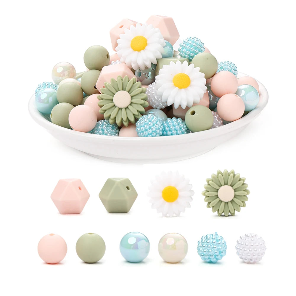 70Pcs Daisy Silicone Bead Set Multi-Shape for Pens Lanyard Keychain Bracelet Making