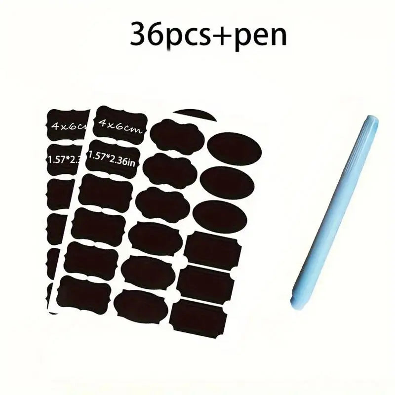 36pcs Write-On Stickers&Pen Set, Adhesive Labels for Kitchen, School,Office,Storage Boxes,Waterproof & Erasable,Irregular Shapes