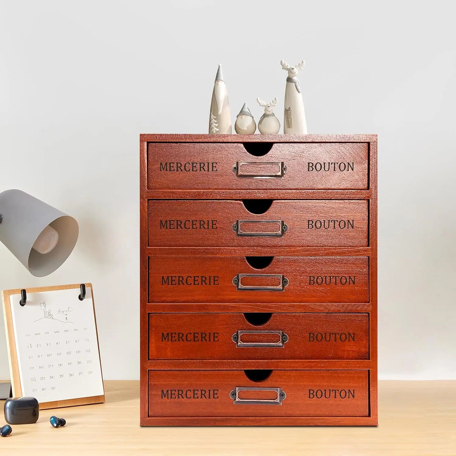Vintage Wooden 5-Drawer Desktop Organizer with Iron Label Holders  For Storing embroidery and sewing