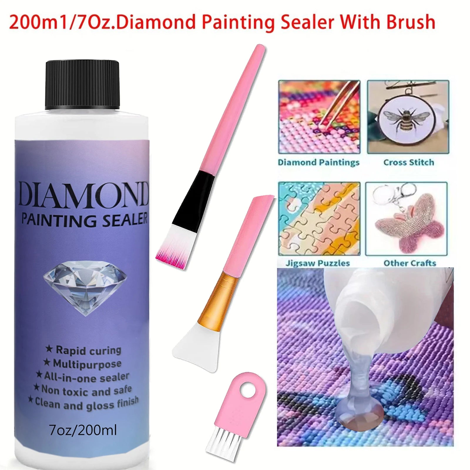 60ML/120ML/200ML Diamond Painting Sealer with 3 Pcs Brushes.