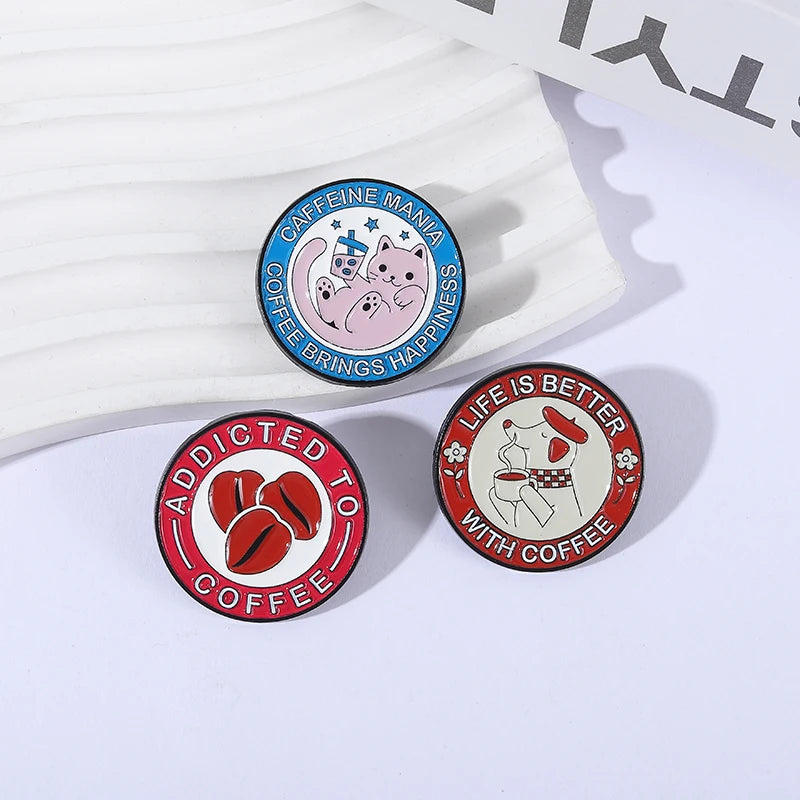 Coffee Brings Happiness Enamel Pin Kittens Puppies And Coffee Beans Brooch Lapel Metallic Pins Badge Jewelry Accessory