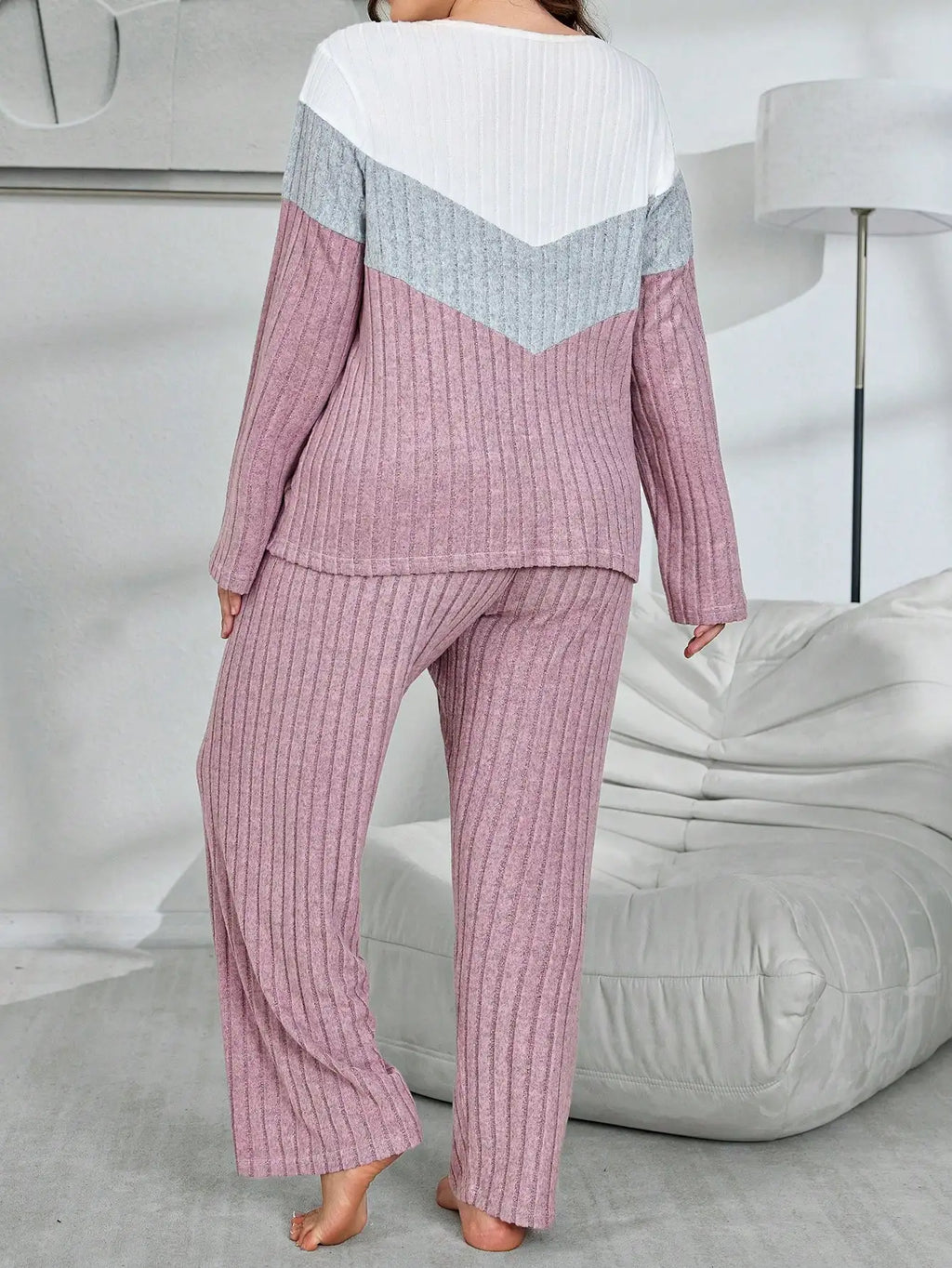 Plus Size Women's Ribbed Knit Patchwork Lounge Set - Soft Fuzzy Fabric, Loose Fit for Fall Winter