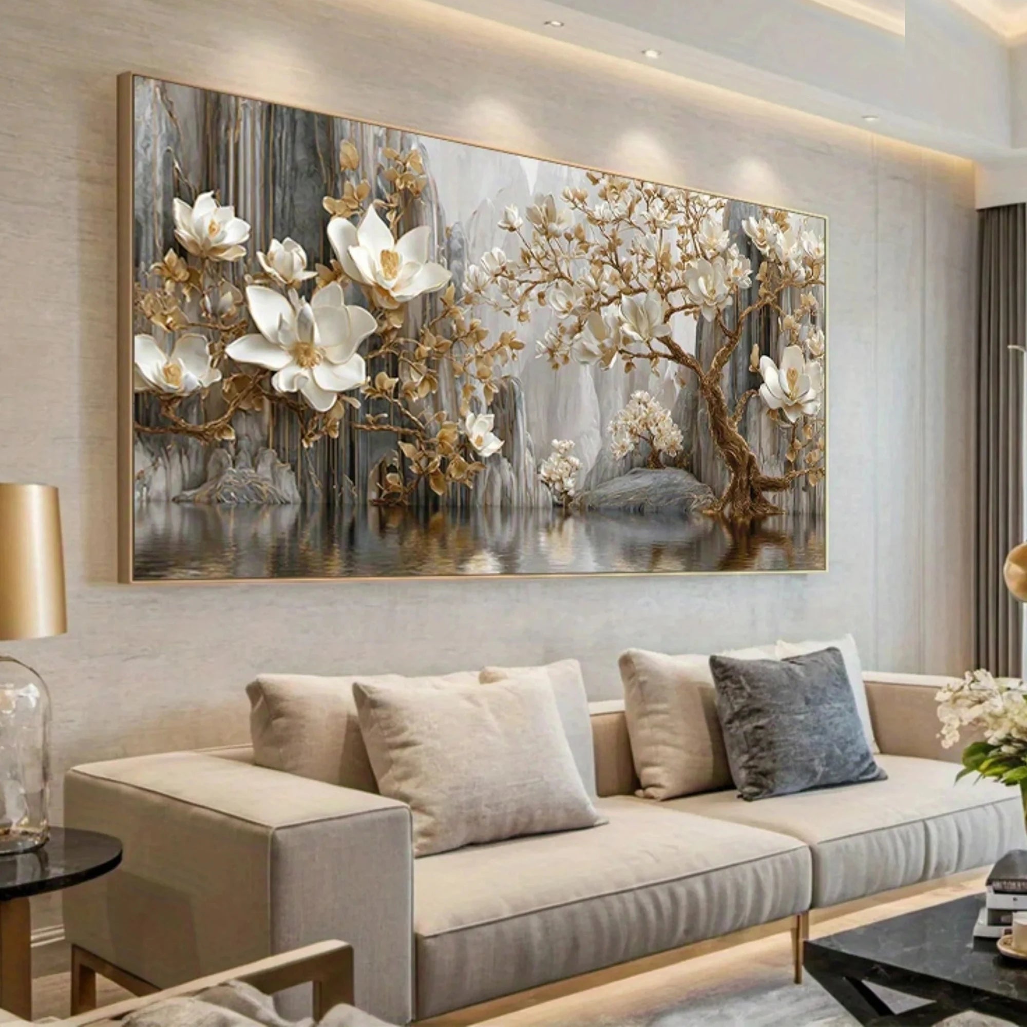 Large Size Full Diamond Painting Kits. Embroidery Decor White and Golden Floral Landscape.