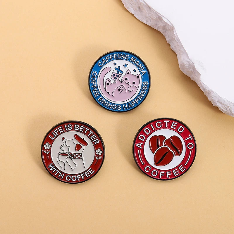 Coffee Brings Happiness Enamel Pin Kittens Puppies And Coffee Beans Brooch Lapel Metallic Pins Badge Jewelry Accessory