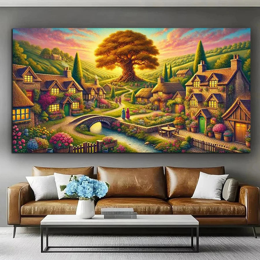 Sunset Village Scenery Large Size DIY Diamond Painting Tree of Life House 200x100cm