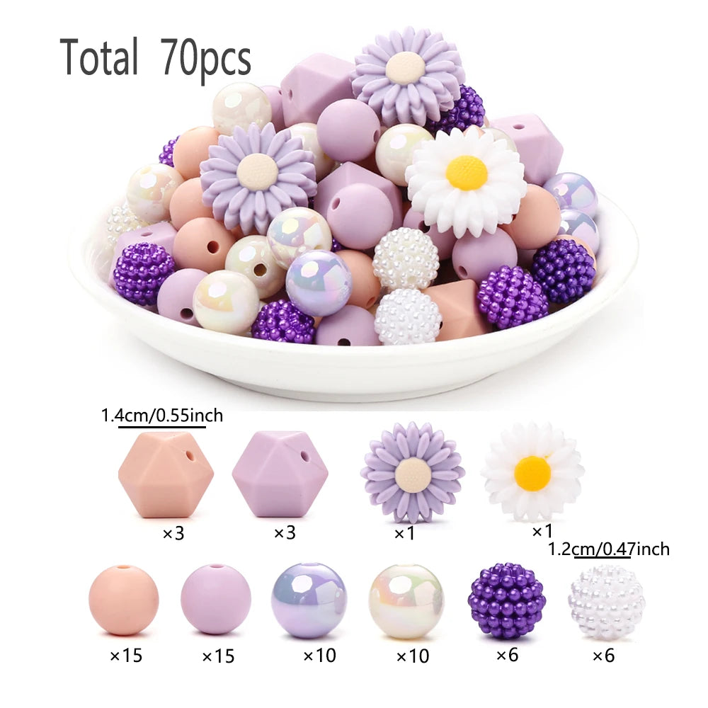 70Pcs Daisy Silicone Bead Set Multi-Shape for Pens Lanyard Keychain Bracelet Making