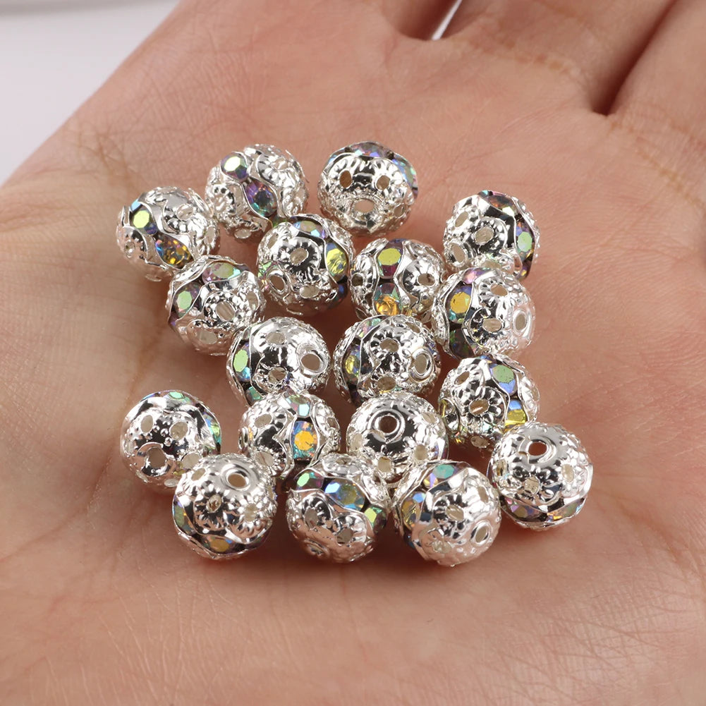 50pc/Lot 6mm 8mm 10mm AB Color  Rhinestone Ball Shape Loose Beads Metal Crystal Beads