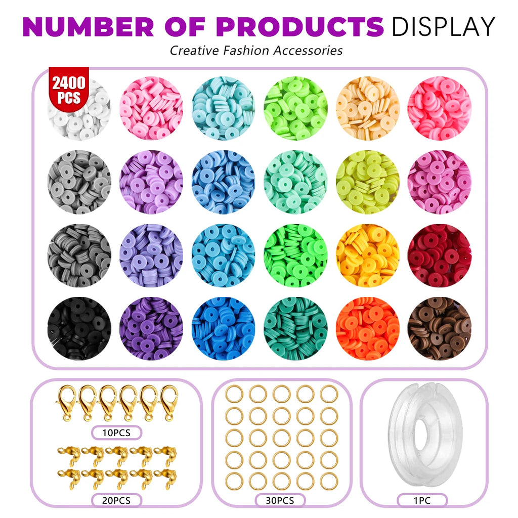2400pcs clay bead set, DIY jewelry-making set with lobster clasp elastic thread