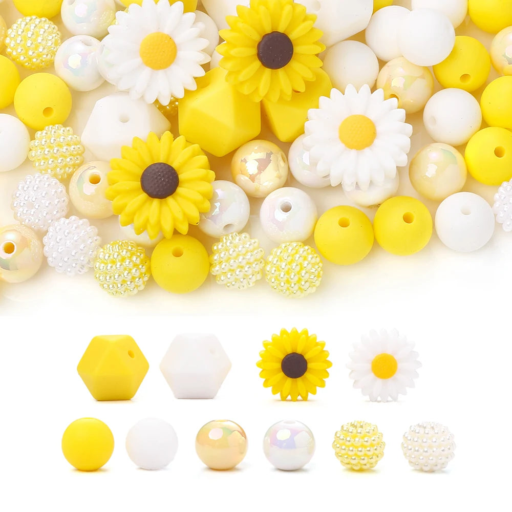 70Pcs Daisy Silicone Bead Set Multi-Shape for Pens Lanyard Keychain Bracelet Making