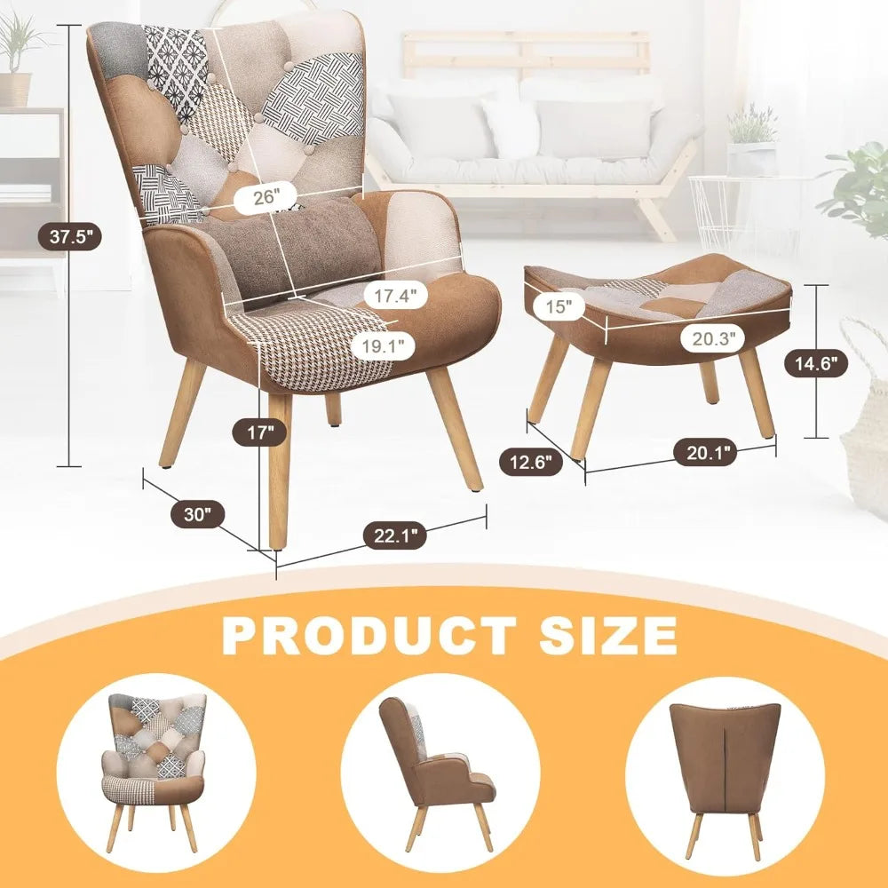 Accent Patchwork Chair with Ottoman High Wingback Chair Comfy Bohemian Flax Design