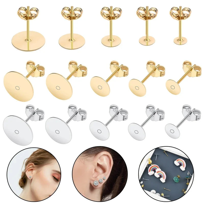 50pcs/Bag 925 Silver Stainless Steel Earring Studs Blank Post Base Pins With Earring Plug