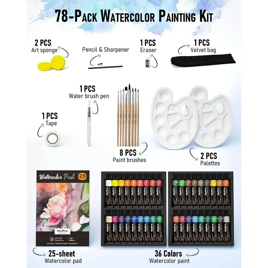 78PCS Watercolor Paint Set for Adults Beginner Artists 36 Tubes