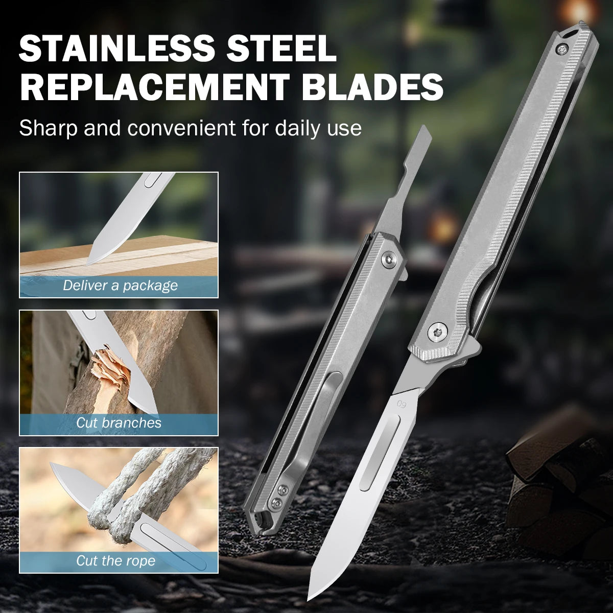Titanium Folding Pocket Utility Knife with 3 replacement blades