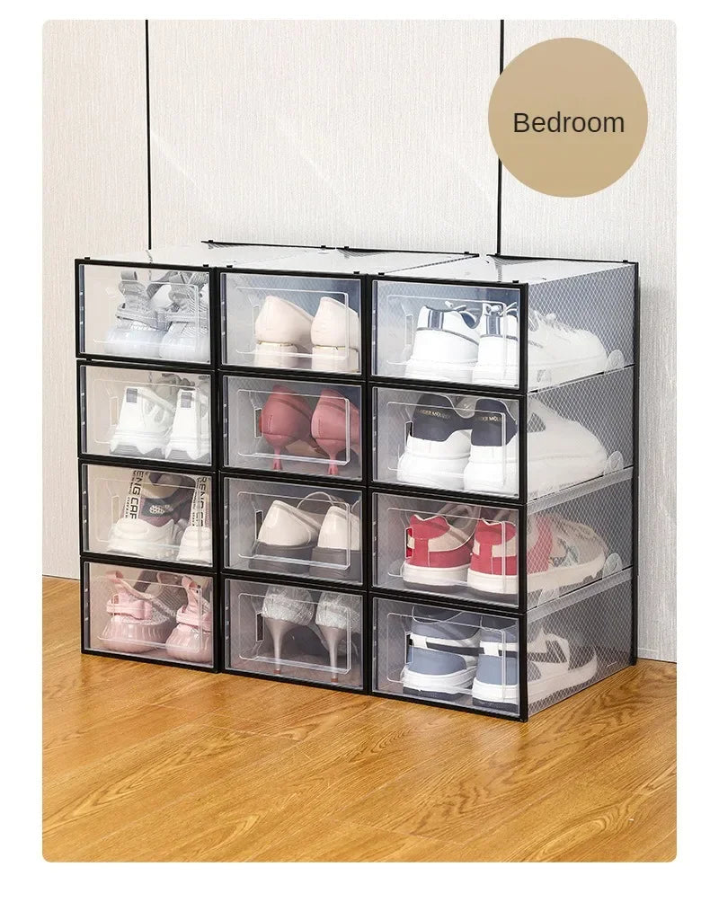 Foldable Clear Plastic Storage Box with Flip Cover Drawer Thick Space Saving Organizer Rack for Shoes Closet Cabinet Bedroom