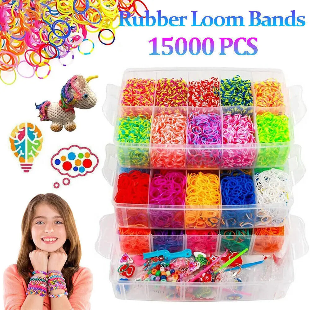 15000/4500Pcs Kit Box+ Rubber Loom Bands Children Mult-color Make Woven Bracelet Rainbow Rubber Bands for Bracelets