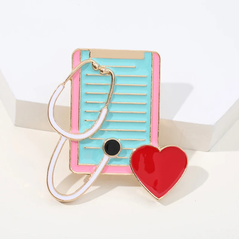 New Medical Medicine Brooch Pin Stethoscope Electrocardiogram Microscope Heart Shaped Pin Nurse Doctor Backpack Lapel Jewelry