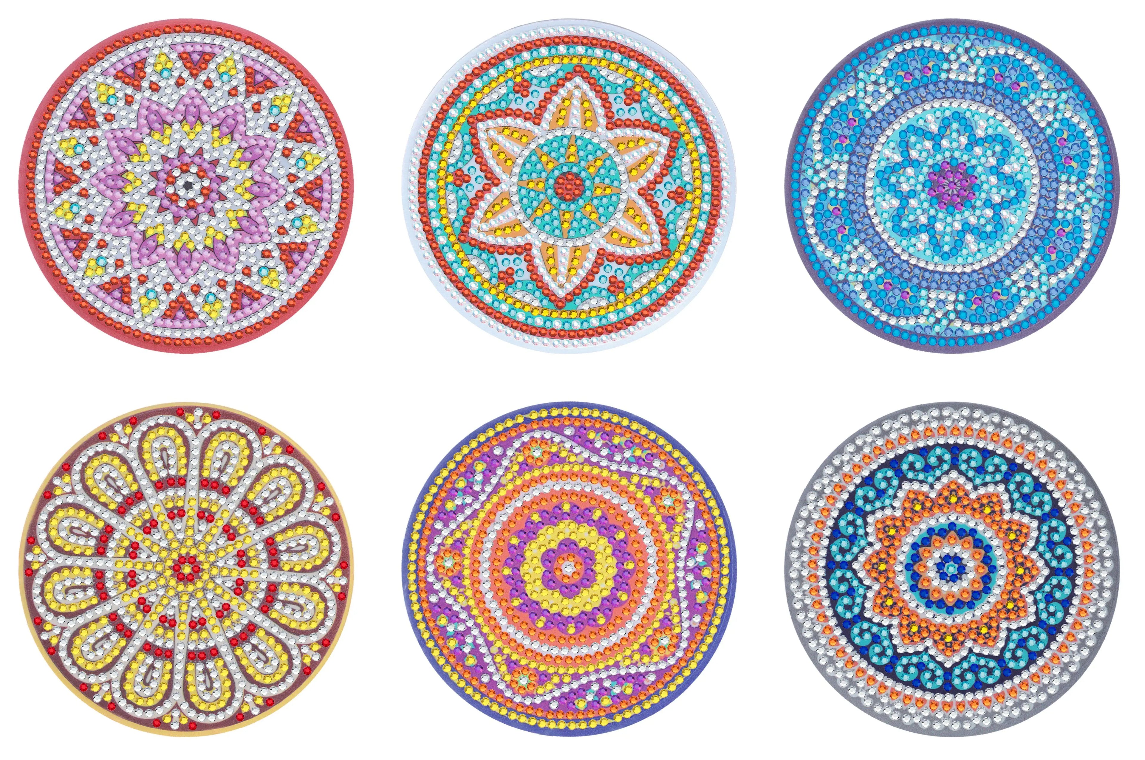 6Pcs DIY Diamond Painting Coasters Mandala Flowers 5D Full Drill Diamond Art Non Slip Coasters with Holder Ideal Christmas Gift