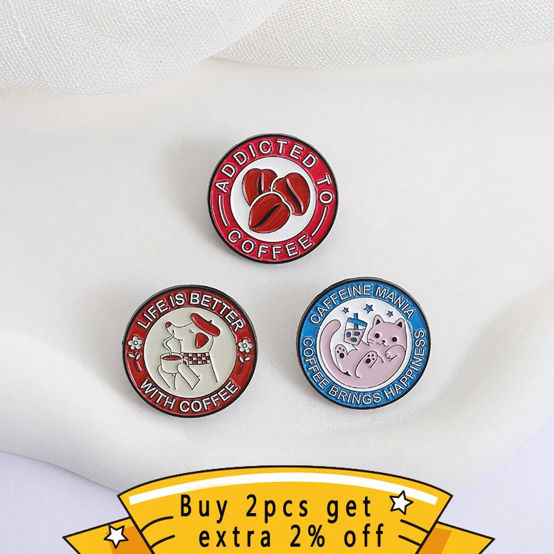 Coffee Brings Happiness Enamel Pin Kittens Puppies And Coffee Beans Brooch Lapel Metallic Pins Badge Jewelry Accessory
