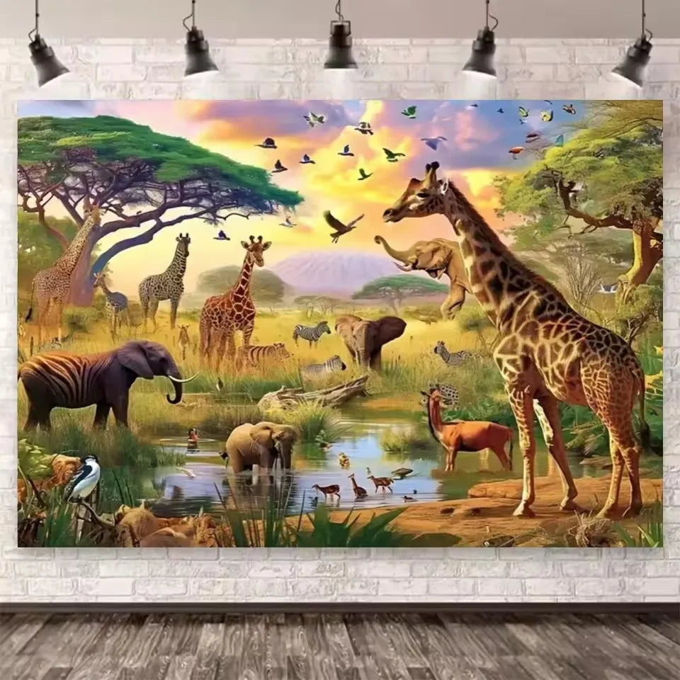 Jungle Forest Paradise Large Size, 5D Elephant Lion Giraffe Diamond Painting, Embroidery.