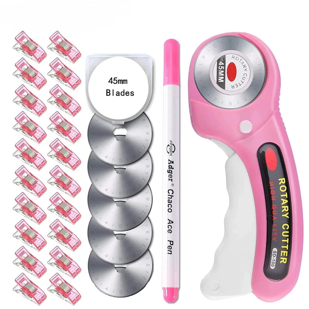 45mm Rotary Cutter with 5pcs Replacement Blades & Sewing Clips & Fabric Marker Pen