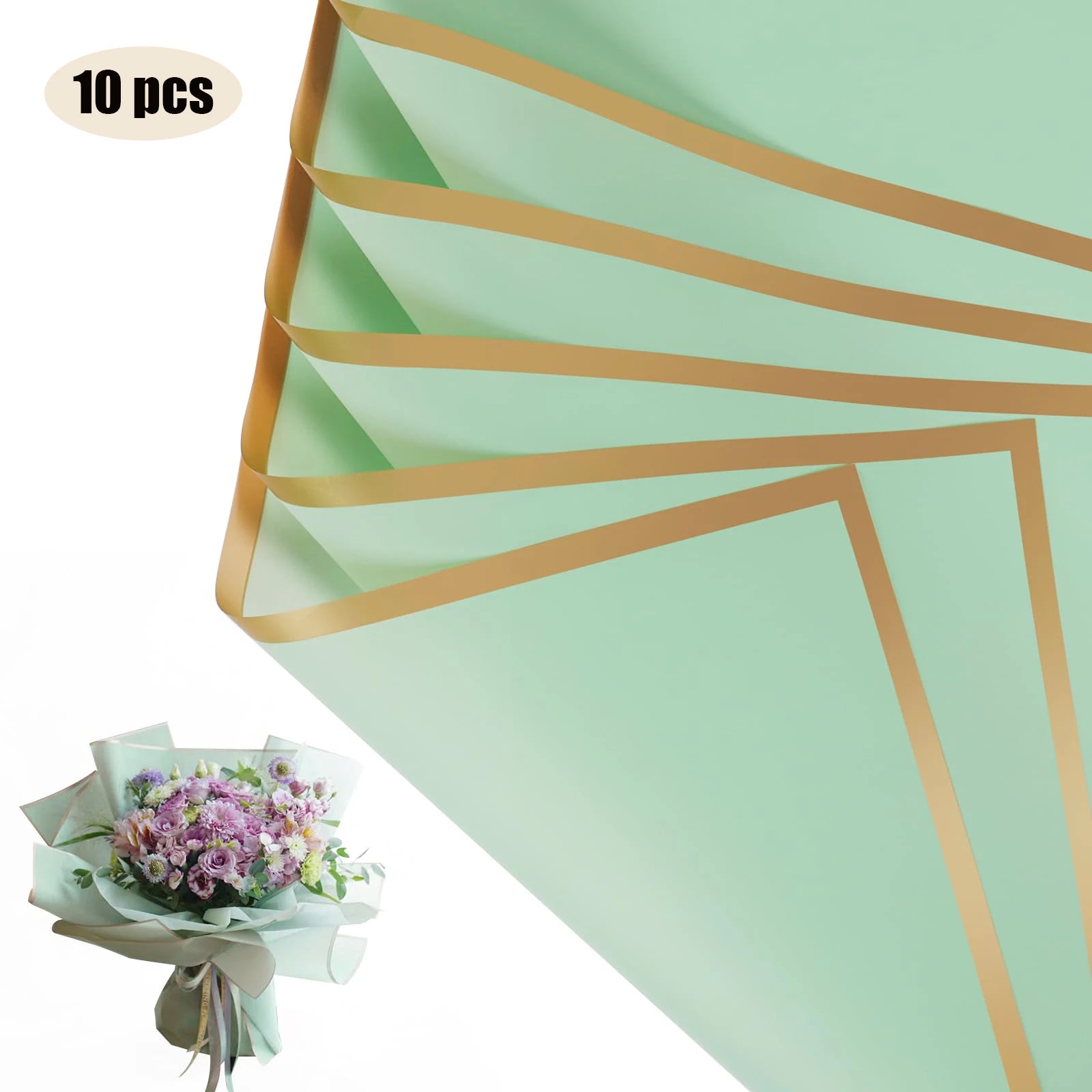 10 Sheets Flower Wrapping Paper with Golden Edges, Waterproof.